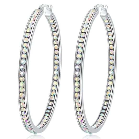 14K White Gold with Iridescent AB Cubic Zirconia Big Hoop Latch Back Earrings - Picture 1 of 6